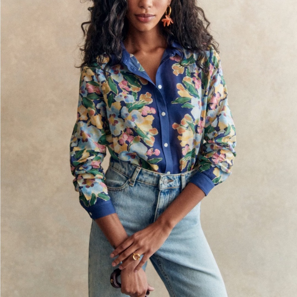 NWT Sézane X Amie Cotton/silk Pierro shirt in blue poetry - size 42 / us 10